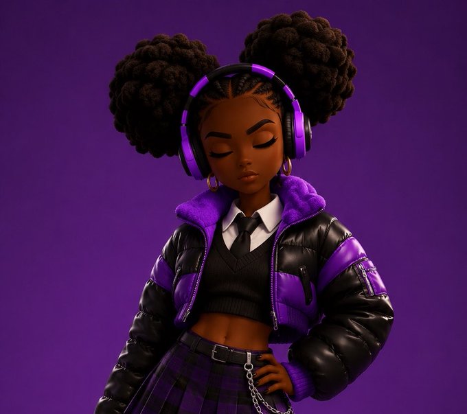 A 3D-rendered character with two afro puffs wearing purple headphones and a purple and black puffer jacket, standing against a solid purple background.