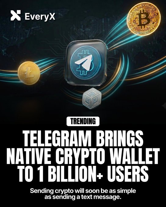 EveryX promotional graphic featuring Telegram, Bitcoin, and Litecoin icons with text 'TRENDING: TELEGRAM BRINGS NATIVE CRYPTO WALLET TO 1 BILLION+ USERS - Sending crypto will soon be as simple as sending a text message.'