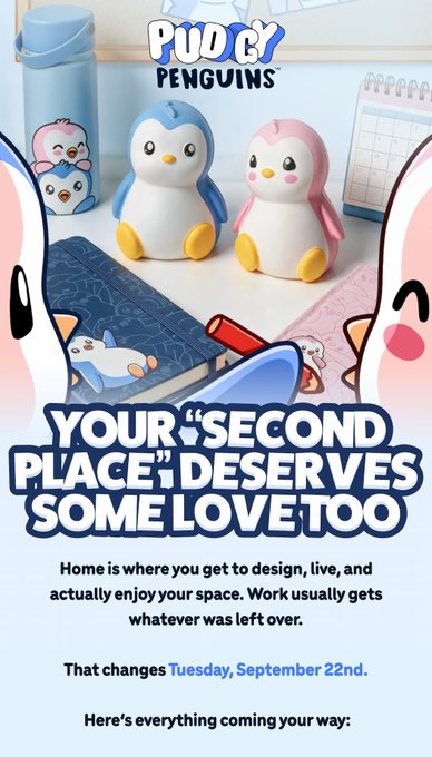 A promotional graphic for 'PUDGY PENGUINS' featuring two small penguin figurines and penguin illustrations, with text announcing 'YOUR "SECOND PLACE" DESERVES SOME LOVE TOO' and a launch date of Tuesday, September 22nd.
