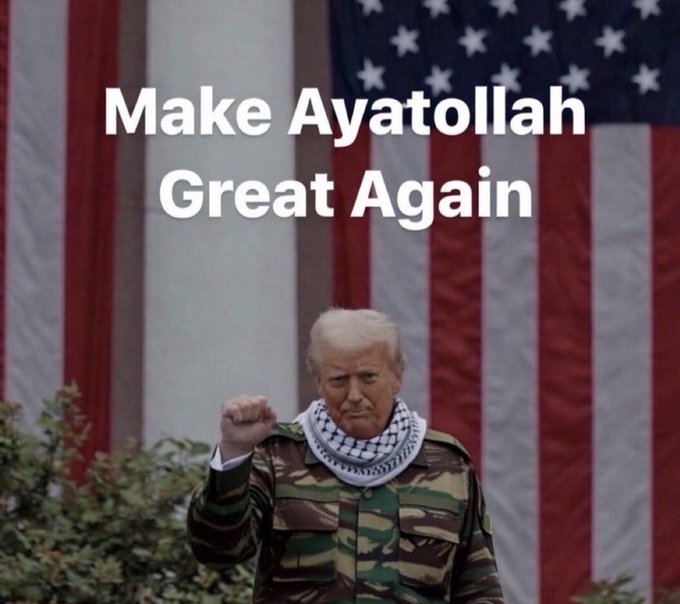 The image features a man dressed as a soldier, wearing a military uniform with camouflage patterns. He appears to be making a fist gesture, possibly expressing his determination or resolve. The backdrop of the image is an American flag, which adds to the patriotic theme of the scene. The caption below the image reads "Make Ayatollah Great Again", suggesting that the man in the military uniform represents a political figure who supports Trump's policies and actions.