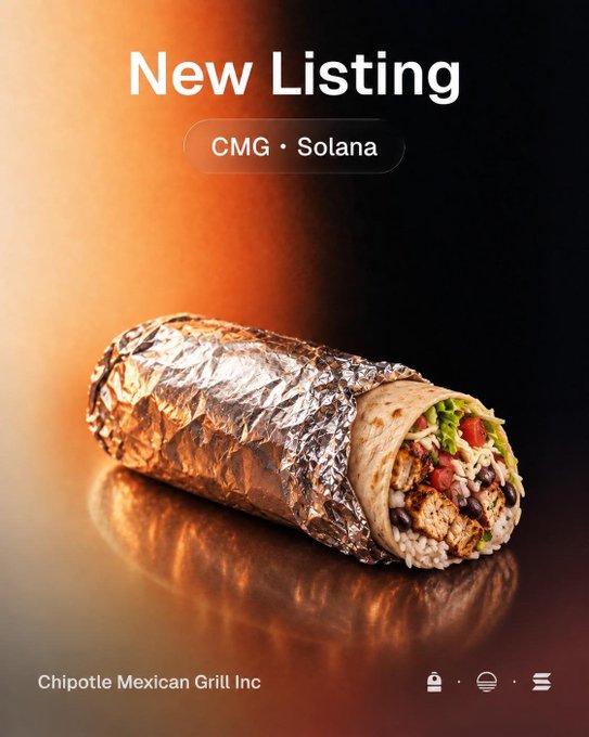 A promotional image announcing "New Listing" for "CMG • Solana" on behalf of Chipotle Mexican Grill Inc, featuring a foil-wrapped burrito with visible rice, chicken, black beans, lettuce, and tomatoes. The image playfully uses a burrito to visually represent the Chipotle (CMG) ticker, tying the food brand to its new Solana listing via Sunrise.