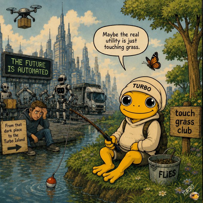 A yellow mascot character labeled "TURBO" sits peacefully fishing in a lush green area with a "touch grass club" sign, contrasting sharply with the dystopian automated cityscape behind it featuring robots, a drone delivering packages, and a billboard reading "THE FUTURE IS AUTOMATED," while a speech bubble declares "Maybe the real utility is just touching grass." The image visualizes the post's message by showing the TURBO community choosing human connection and simplicity over a hyper-automated world, with the ironic signage "From that dark place to the Turbo Island" reinforcing the meme's theme of finding genuine value beyond technological efficiency.