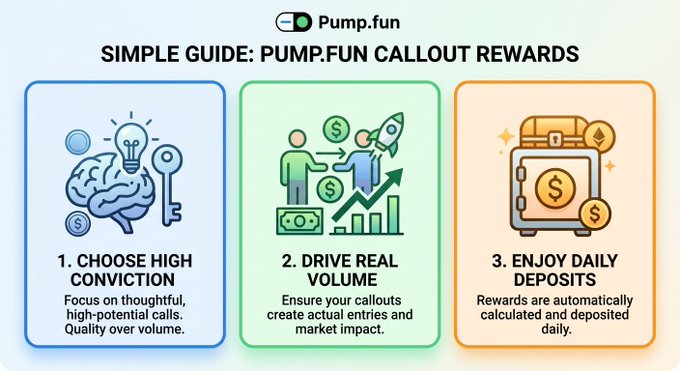 A "Simple Guide: Pump.fun Callout Rewards" infographic breaks the program into three steps: (1) Choose High Conviction—focus on thoughtful, high-potential calls with quality over volume, illustrated by a brain and lightbulb icon; (2) Drive Real Volume—ensure callouts create actual entries and market impact, shown with people, rockets, and a rising chart; and (3) Enjoy Daily Deposits—rewards are automatically calculated and deposited daily, depicted by a treasure chest overflowing with coins. The visual reinforces the accompanying post's message that earning callout rewards on Pump.fun isn't about follower count or hype, but about making smart, impactful calls that translate into real trading volume.