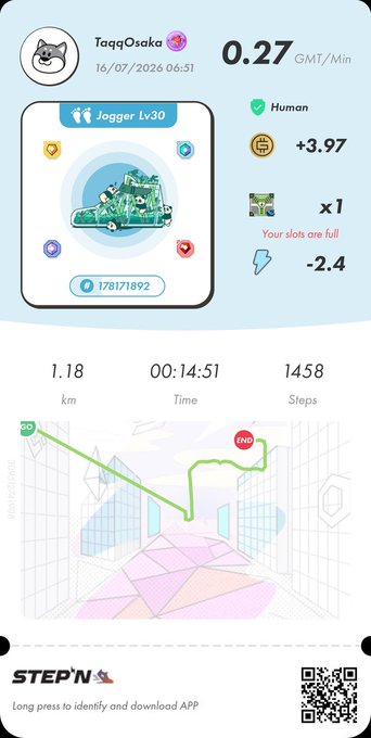 A STEP'N app screenshot for user 'TaqqOsaka' dated 16/07/2026 06:51 showing 0.27 GST/Min, 1.18 km, 00:14:51 time, 1458 steps, and a green jogger sneaker NFT.