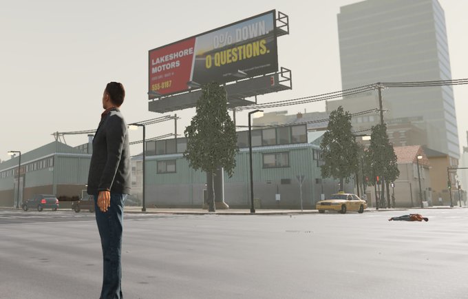 A man in a gray hoodie stands in an empty urban street, gazing up at a large billboard advertising "Lakeshore Motors" with a "10% DOWN, 0 QUESTIONS" promotion. The desolate cityscape with scattered cars and debris mirrors the promotional post's theme of financial opportunity through $CWD, suggesting a stark world where easy deals dominate.
