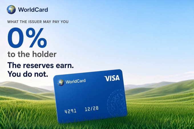 An advertisement for 'WorldCard' Visa card showing a blue credit card on a grassy field background, with text stating 'WHAT THE ISSUER MAY PAY YOU 0% to the holder. The reserves earn. You do not.'