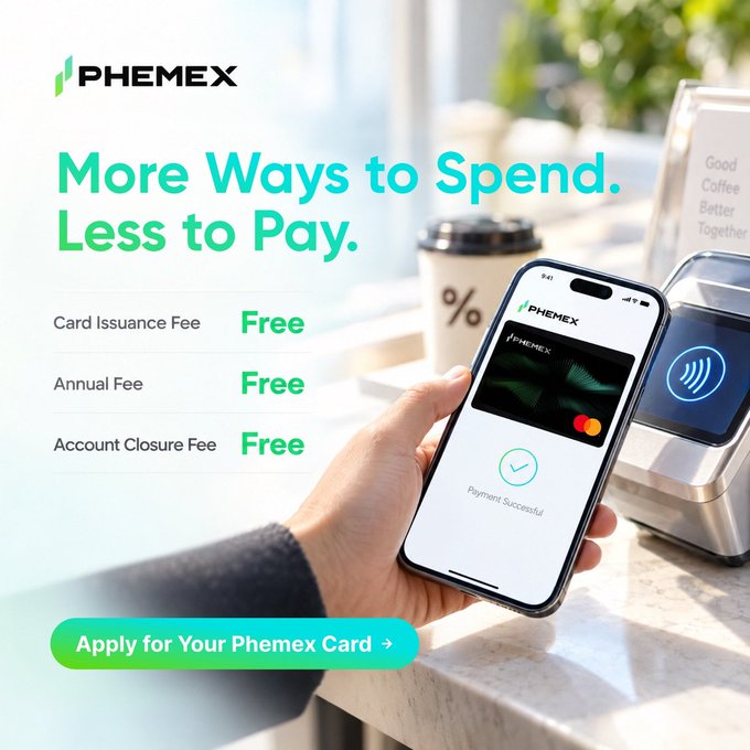 A hand holds a smartphone displaying a successful Phemex Card payment at a coffee shop terminal, with the ad highlighting "More Ways to Spend. Less to Pay." and noting that the Card Issuance Fee, Annual Fee, and Account Closure Fee are all "Free," along with an "Apply for Your Phemex Card" call-to-action button.