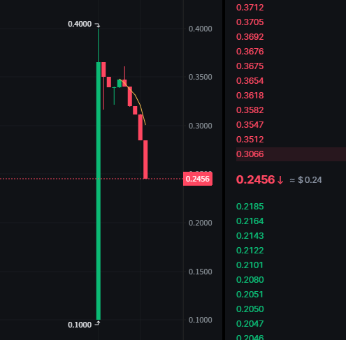 A stock chart shows a dramatic price collapse from a high of $0.40 down to $0.2456 (≈ $0.24), with the right panel listing falling bid prices from $0.3712 to $0.2046—visually capturing the panicked "Gyaah!" reaction to a steep loss.