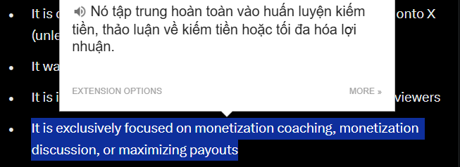 A screenshot showing a Vietnamese translation tooltip reading "Nó tập trung hoàn toàn vào huấn luyện kiếm tiền, thảo luận về kiếm tiền hoặc tối đa hóa lợi nhuận," which translates to "It is exclusively focused on monetization coaching, monetization discussion, or maximizing payouts," reinforcing the post's warning about content discussing monetization strategies being flagged.