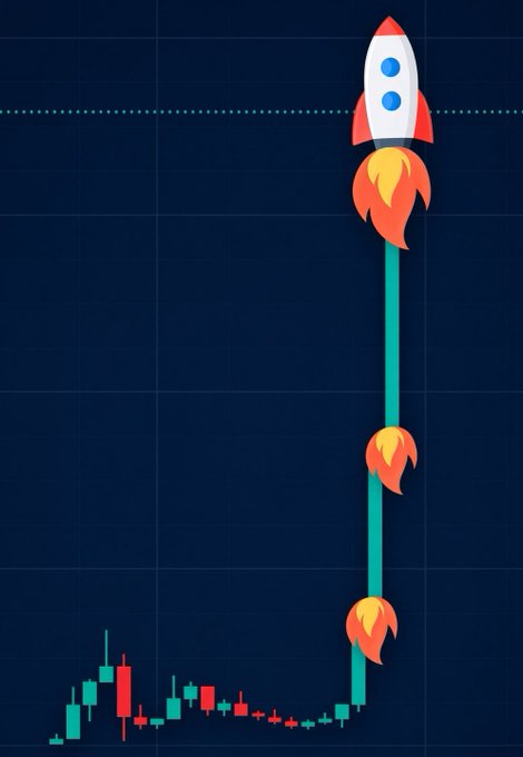 An illustrated graphic shows a rocket with red and white flames blasting upward along a teal trajectory line, soaring over a candlestick chart with green and red bars against a dark blue grid background, symbolizing a stock or cryptocurrency price surge.
