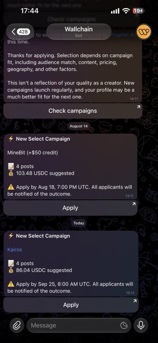 Mobile screenshot of the Wallchain bot showing rejection feedback and two new campaign notifications for MineBit and Kairos.