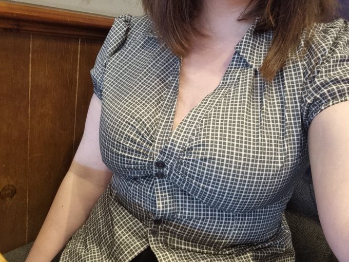 A close-up photo of a person wearing a grey and white checked button-up top with puffed sleeves.