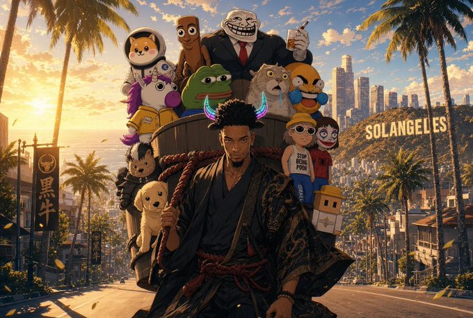 The image depicts a central figure in a black robe carrying an oversized backpack filled with oversized cartoon mascots (including Pepe, Wojak, Doge-style characters, and others) walking through a Los Angeles street with the "SOLANGELES" sign and Asian-language banners visible, symbolizing one individual on X carrying the weight and influence of major corporations, governments, and Web3 entities on his back.