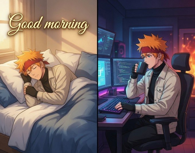 An anime-style split illustration saying "Good morning," contrasting a character peacefully sleeping in a sunlit bed on the left with the same character intensely coding on a computer in a dark, fiery room on the right.