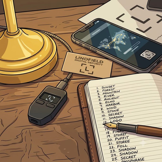 An illustrated scene depicting digital security items on a wooden desk, including a brass lamp, a smartphone showing a world map with connections, a 'LINDFIELD DIGITAL SECURITY' card, a digital device, and a notepad listing numbered security-related terms like SUNSET, FOREST, MOUNTAIN, RIVER, and PASSPHRASE.