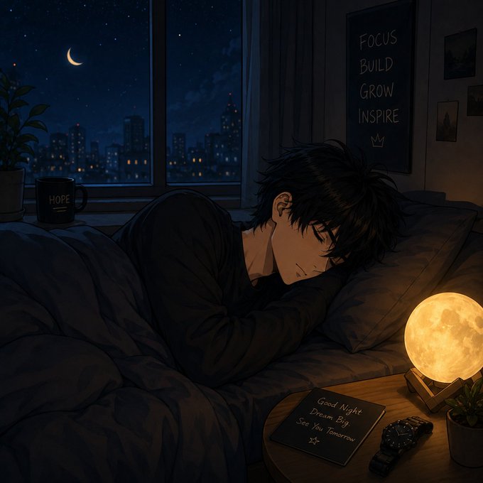 An anime-style illustration of a dark-haired young man sleeping on a pillow at night, with a crescent moon and city skyline visible through the window, a moon lamp on the nightstand, and a wall sign reading 'FOCUS BUILD GROW INSPIRE.'