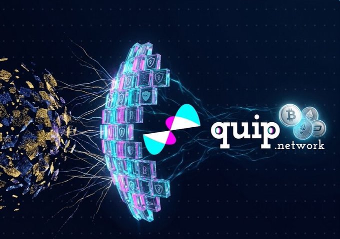 A dark, futuristic banner for **quip.network** featuring a glowing arc of cryptographic blocks, a circuit-like tree, and the project's cyan-and-magenta logo alongside Bitcoin and Ethereum coins — visually reinforcing the caption's point that Quip Network is creating a parallel developer economy for quantum algorithms, just as CUDA did for GPUs.