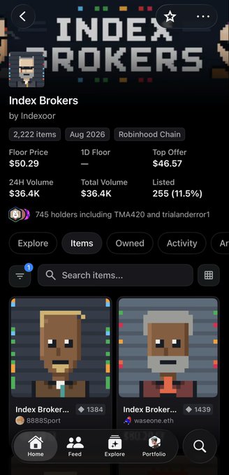 A mobile app screenshot showing an 'Index Brokers' NFT collection page on the Indexxoor marketplace, displaying floor price ($50.29), 1D Floor, top offer ($46.57), and 24H volume ($36.4K) for 2,222 items with pixel-art broker character images.