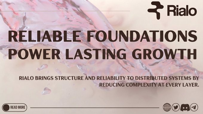 An advertisement banner for 'Rialo' with the text 'RELIABLE FOUNDATIONS POWER LASTING GROWTH' over a background of splashing water.
