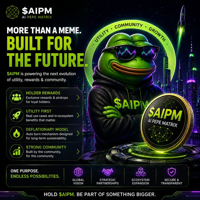 An advertisement for '$AIPM AI PEPE MATRIX' cryptocurrency features a cartoon Pepe frog wearing sunglasses and a hoodie, highlighting features like 'HOLDER REWARDS,' 'UTILITY FIRST,' and 'DEFLATIONARY MODEL.'