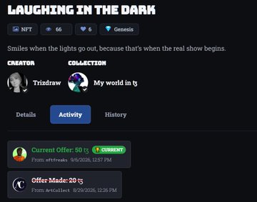 A digital marketplace listing for 'LAUGHING IN THE DARK' NFT collection with 66 items and 5 favorites on Genesis chain, created by Trizdraw, showing a current offer of 50 with currency indicator and offer made of 20.