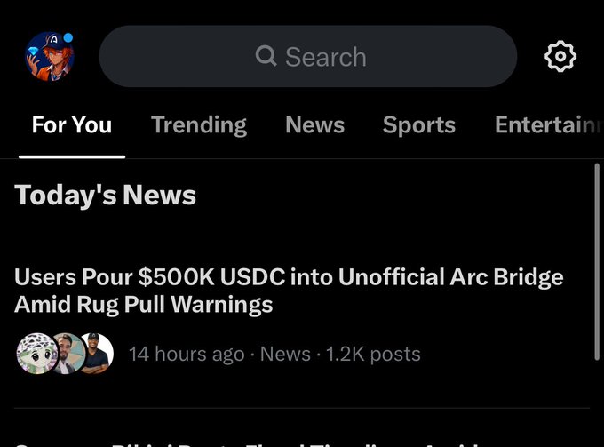 A social media news feed displays a headline reading "Users Pour $500K USDC into Unofficial Arc Bridge Amid Rug Pull Warnings," highlighting how FOMO is driving users to risky behavior by bridging $500,000 to an unofficial version of the Arc blockchain despite scam warnings.