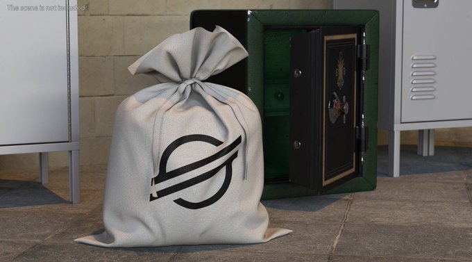 A 3D rendered scene showing a white sack bearing the Stellar (XLM) cryptocurrency logo next to an open green safe, placed between lockers on a tiled floor.