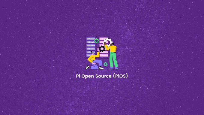 A graphic on a purple background displays an illustration of two people working on a computer with gears, labeled 'Pi Open Source (PiOS)'.
