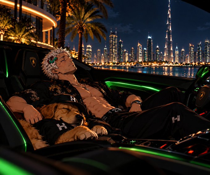 An anime-style illustration of a white-haired character relaxing in a luxury car with green ambient lighting, accompanied by a dog wearing matching outfits, with a nighttime Dubai skyline in the background.