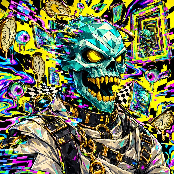 A vibrant, glitch-art style illustration of a turquoise crystal skull with golden teeth, surrounded by floating melting clocks, checkered patterns, and dripping eyeballs.