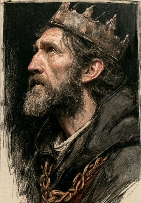 A charcoal and color drawing of a bearded medieval king wearing a crown, looking upward in profile.