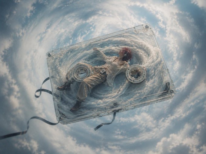 A surreal digital artwork of a person lying peacefully on a transparent floating bed suspended in a swirling blue sky with clouds, with a dark ribbon trailing from the bed's corner.