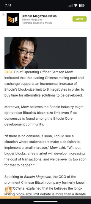 A screenshot of a Bitcoin Magazine News article about BTCChina COO Samson Mow discussing the Bitcoin block-size limit, suggesting a potential increase to 8 megabytes.