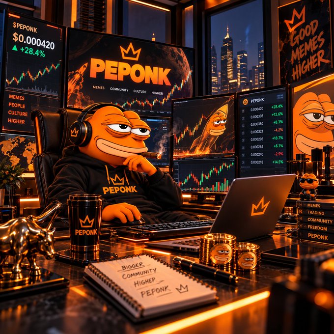 A stylized digital illustration of a cartoon character wearing a 'PEPONK' hoodie, sitting at a desk with multiple monitors showing stock charts and 'GOOD MEMES HIGHER' text, surrounded by gold bars and a bull figurine.