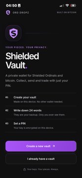 A mobile screenshot of the SQDROFZ app showing a "Shielded Vault" privacy feature with options to create or access a wallet.