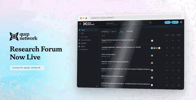 Promotional image for quip network announcing "Research Forum Now Live" at research.quip.network, showing a screenshot of the forum with categories like Quantum, AI, Research, and other topics.
