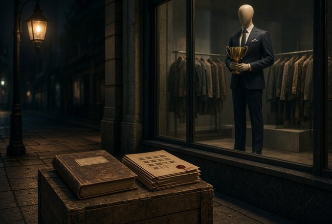 A dimly lit street scene shows a mannequin in a suit holding a trophy inside a tailor's shop window, with old books and a document with a red seal resting on a crate outside.