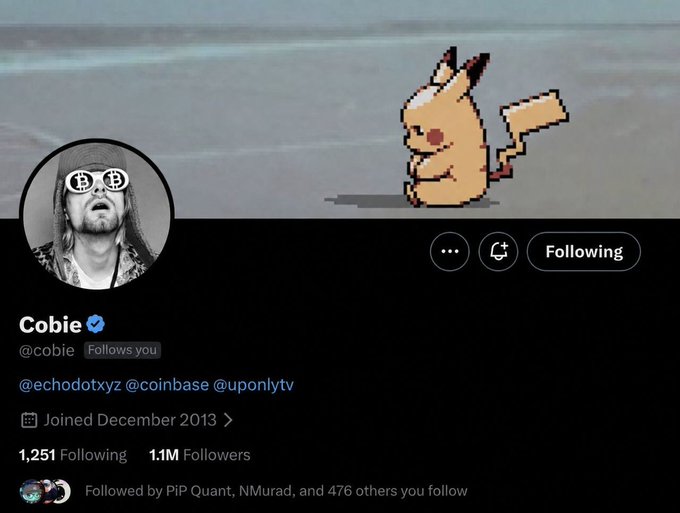 The image shows Cobie's Twitter/X profile (@cobie, 1.1M followers, followed by PIP Quant, NMurad, and others), featuring a Pikachu wallpaper, likely used as profile reference in a post honoring him.