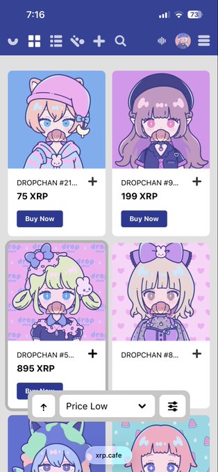 A mobile marketplace interface displaying various 'DROPCHAN' NFT listings priced in XRP, including 'DROPCHAN #21...' for 75 XRP, with a 'Price Low' filter visible at the bottom.