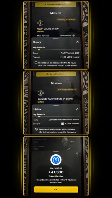 Three mobile app screenshots showing Binance mission rewards including tradeFi Volume ≥ $500 and first trade tasks, awarding 2.5 USDC vouchers and a token voucher.