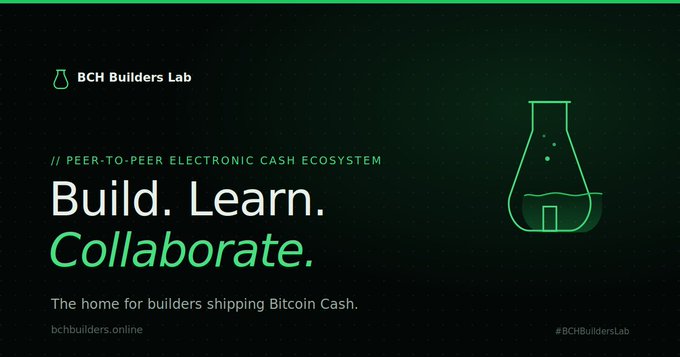 BCH Builders Lab promotional banner with green text 'Build. Learn. Collaborate.' and tagline '// PEER-TO-PEER ELECTRONIC CASH ECOSYSTEM' and 'The home for builders shipping Bitcoin Cash.', featuring a green flask beaker logo and website bchbuilders.online.