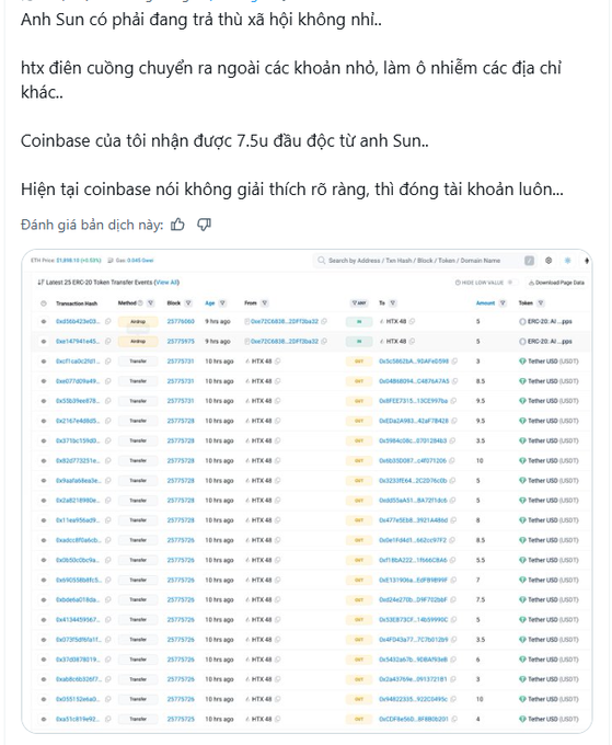 A Vietnamese text post discussing Mr. Sun, mentioning transactions and Coinbase, alongside a screenshot of an Ethereum (ETH) price history chart on Etherscan showing numerous transactions and token transfers.