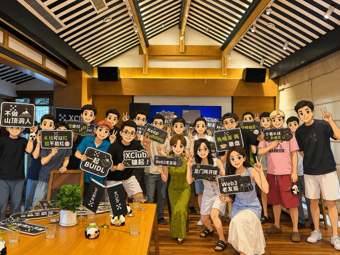 A group of young people at a Web3/XClub event hold signs with Chinese characters promoting building, Web3, and blockchain in a wood-ceiling room.