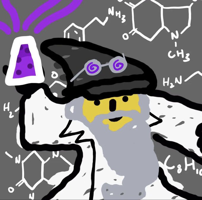 A drawing of a bearded wizard-like figure with spiral glasses and a pointed hat, standing in front of a blackboard covered in chemical structures and formulas including NH3 and H2N.