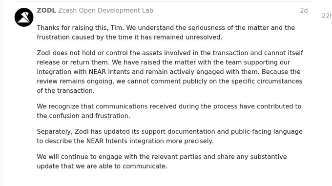A message from 'ZODL Zcash Open Development Lab' addressing concerns about an unresolved transaction involving NEAR Intents integration.