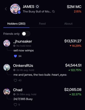 A screenshot from a crypto token tracking app showing 'JAMES' (The Busy Bull of Mo...) with a market cap of $2M, down 2.15%, and listing top holders like _jhunsaker, OinkersRUs, and Chad.