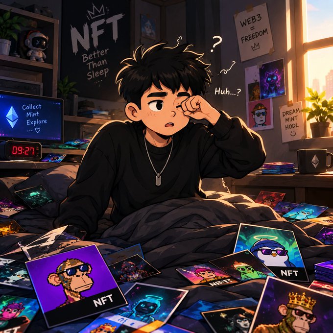 An anime-style illustration of a young man looking confused among scattered NFT cards, with posters reading 'NFT Better Than Sleep', 'WEB3 = FREEDOM', and 'DREAM MINT HOOL' in his room.