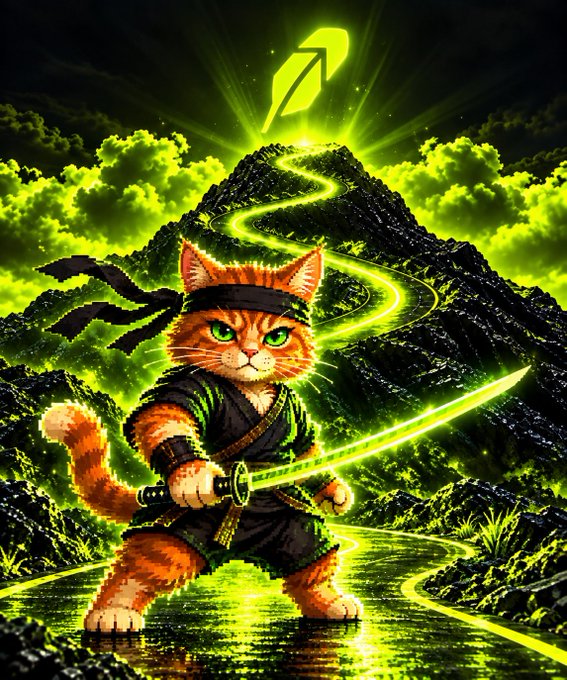 A vibrant green-tinted illustration of an orange cat dressed as a samurai with a headband, wielding a glowing katana on a mountain path under a glowing directional arrow symbol in the clouds.