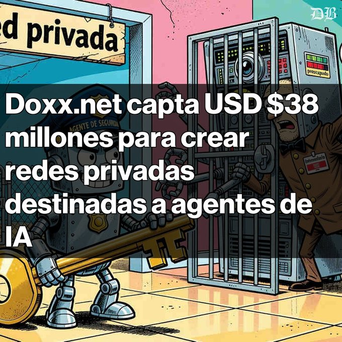 An illustrated graphic features a robot police officer holding a giant key confronting a guard at a server cage labeled 'red privada,' with Spanish text 'Doxx.net capta USD $38 millones para crear redes privadas destinadas a agentes de IA' from The New York Times.