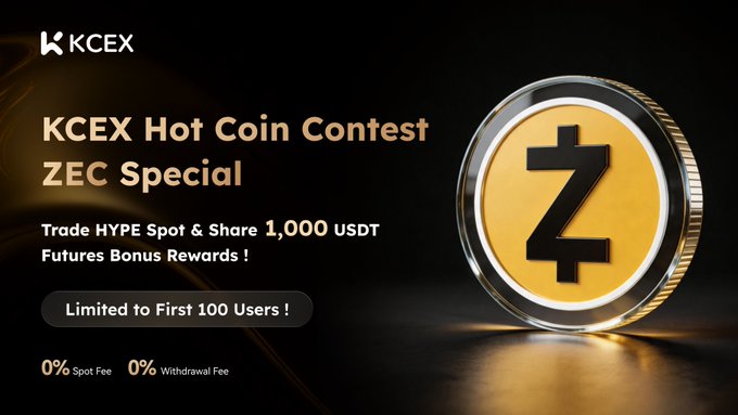 The image shows a close-up of a golden coin resting on top of a black surface. The main focus of the image appears to be the bright yellow zeroes logo, which is likely associated with a cryptocurrency or coin. In front of this central image, there's text that reads "KCEX Hot Coin Contest: $ZEC Special! Trade !" and "Trade hyphe spot & share 1,000 usdt future prizes!". This seems to be an advertisement promoting the KCEX coin mining contest where users can potentially earn up to $1,000. Additionally, there's a limit of 100 users being accepted in this contest, offering an exciting opportunity for enthusiasts to participate and possibly win the prize pool.